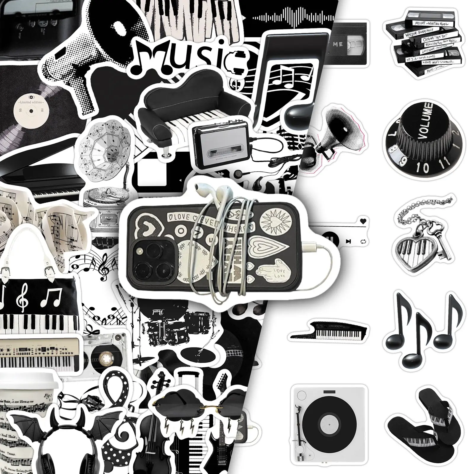 50 Sheets Black and White Music Style Minimalist Niche Aesthetic Decoration DIY Scrapbook Cellphone Phone Case Storage Box Stickers Accessories