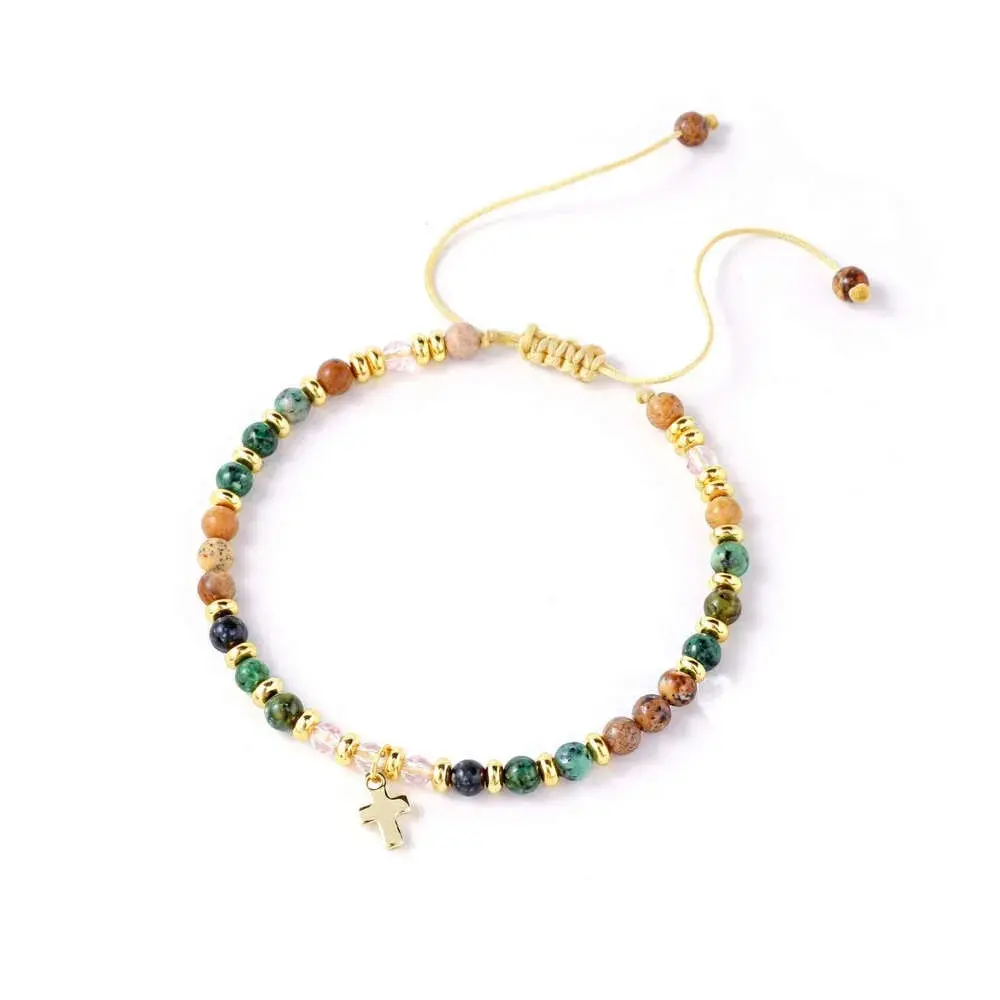 1/2pcs Beaded Cross Bracelet for Women – Adjustable Natural Stone Bracelet with Gold Cross Charm, Perfect for Daily Wear, Prayer & Meaningful Gifts