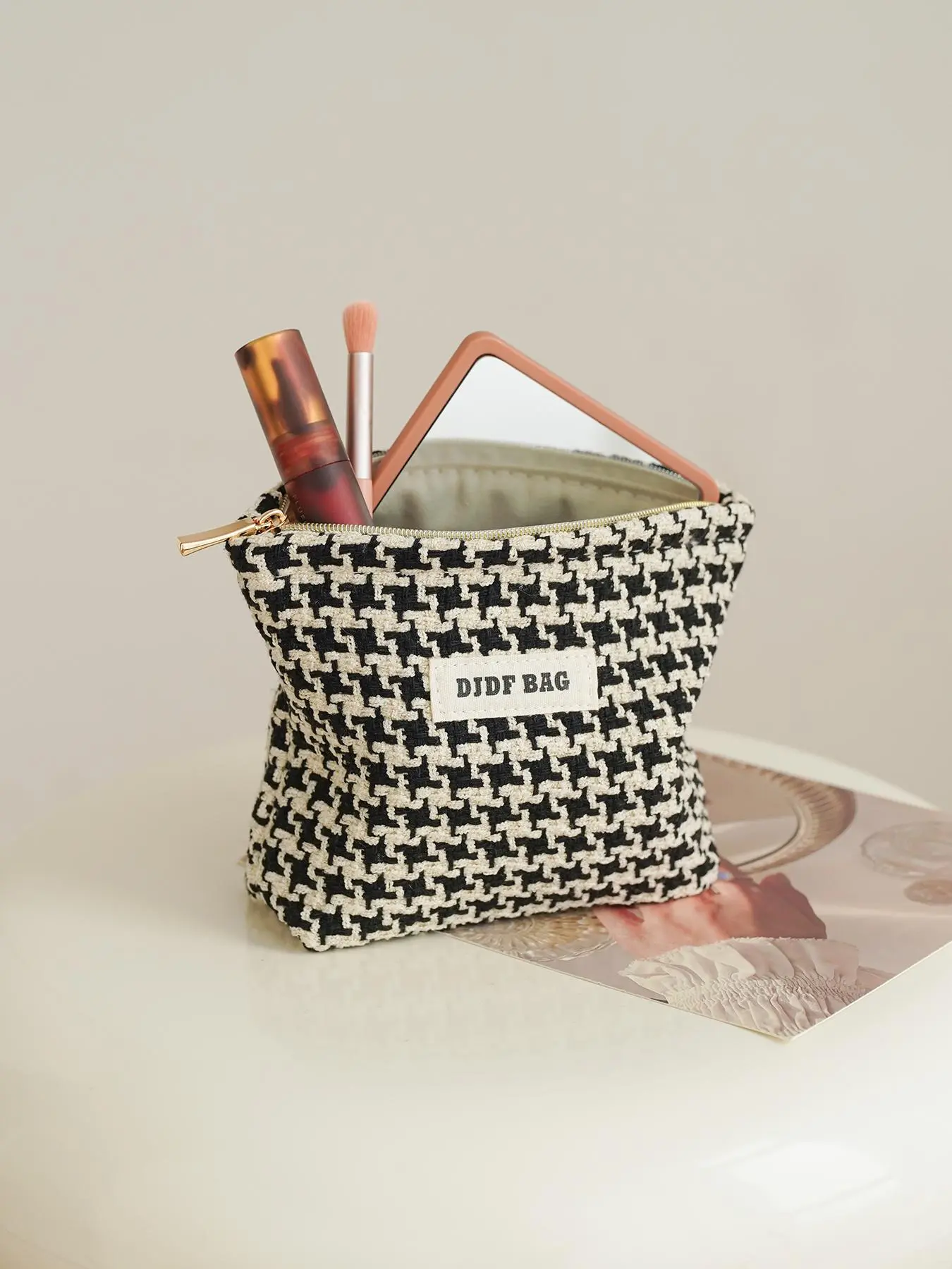 Houndstooth Pattern Makeup Bag, Portable Mini Cosmetic Storage Bag, Zipper Makeup Organizer Pouch, Versatile Storage Bag for Travel, Office, Home, Handheld Cosmetic Pouch, Cosmetic Bags, Cosmetics Organizer