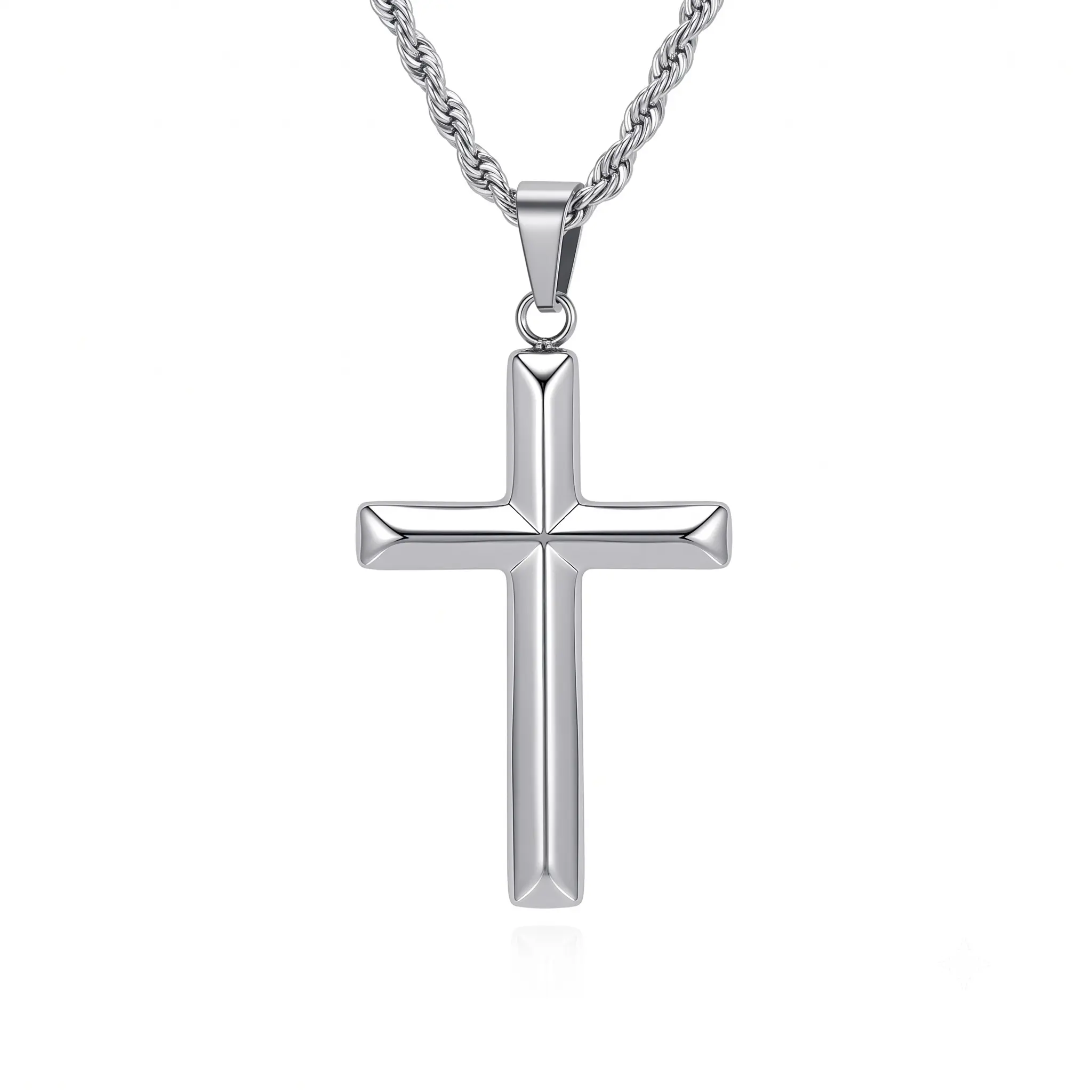 Cross Necklaces for Men & Women, Classic Stainless Steel Pendant on a Twist Rope Chain - Hypoallergenic Spiritual Jewelry & Classic Statement Necklace, Silver Cross Necklaces