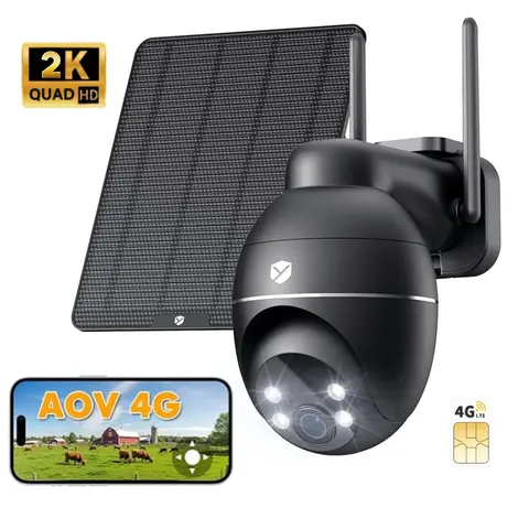 4G LTE Solar Security Camera Outdoor, No WiFi Needed, 24/7 Always-On Recording, 2K 3MP Color Night Vision, 360° Auto Tracking, Wireless with Built-in SIM, Waterproof, 9000mAh Long Battery Life (Black)