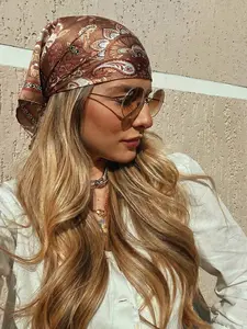 Elegant Women's Cashew Flower Square Scarf 70x70cm, New Silk Satin Caramel Color Necktie, Multi-Use Decorative Towel