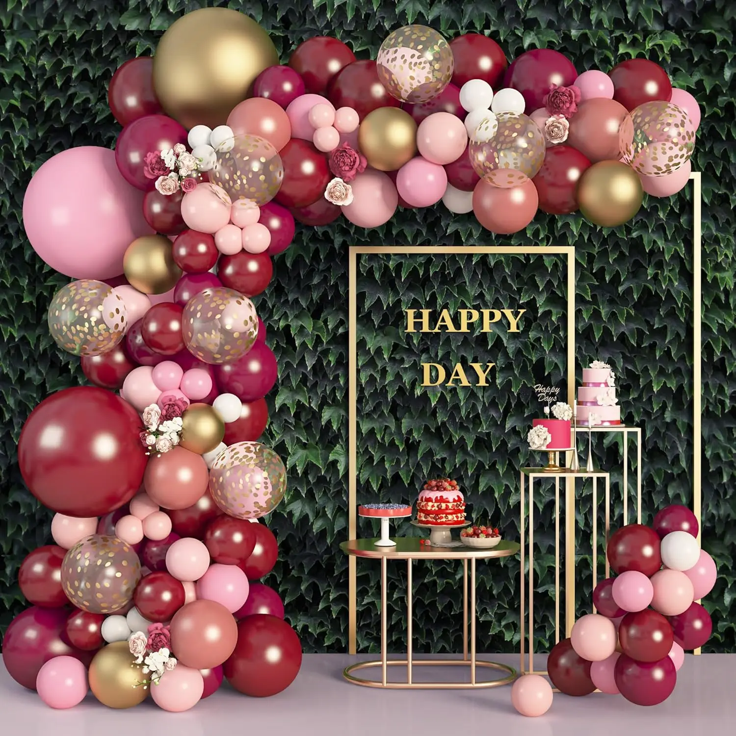 162Pcs Burgundy and Pink Balloon Garland Kit Maroon, White, Gold Confetti for Celebrations