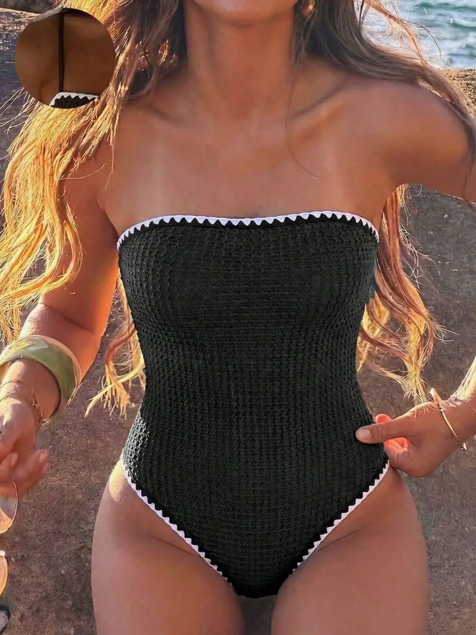 Bonvoyette Black Textured Scalloped Trim Bandeau One-Piece Swimsuit | Convertible Strapless Contrast Ric-Rac Monokini | Summer Beach Bathing Suit