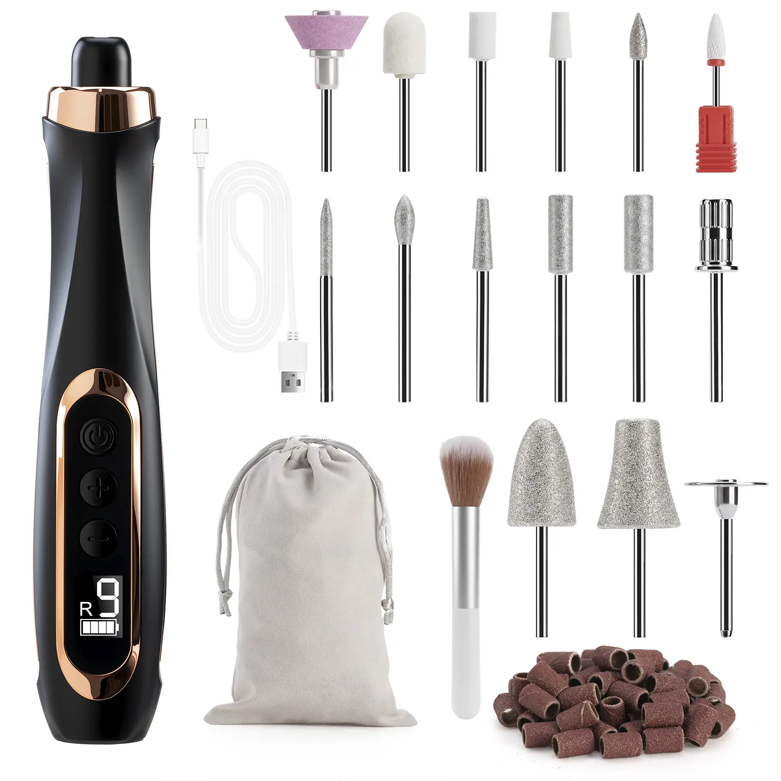 Cordless Electric Nail Drill: A professional nail tool and nail care device. Features a variety of grinding bits, an LED display, and 9-speed adjustment settings. Portable and durable.