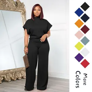 Women Summer Lightweight And Silky Soft Set Two Piece Casual Set Short Sleeved Semi High Neck Loose Top Wide Leg Pants Set