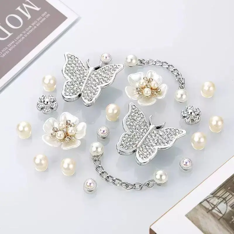 Silver Rhinestone Butterfly Croc Charms Pearl Flower Chain Shoe Charms for Clogs Sandals DIY Decor