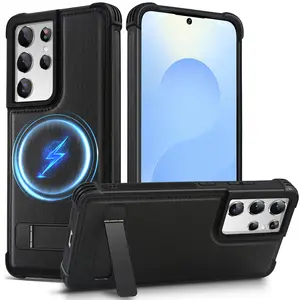 KEZiHOME Compatible for Samsung Galaxy S21 Ultra Case, Premium Genuine Leather [Built-in Kickstand] [Shockproof] [Drop-Proof], Magnetic Protective Phone Cover Case for Galaxy S21 Ultra 5G