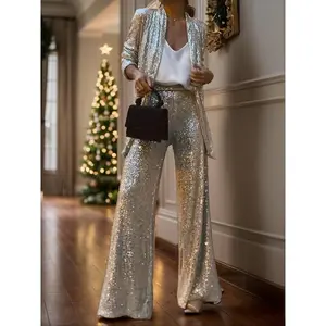 Women’s wide-leg pants, elegant and shiny crystal sequin high-waisted loose fit, suitable for club parties, fashionable all year round GARMENTARY