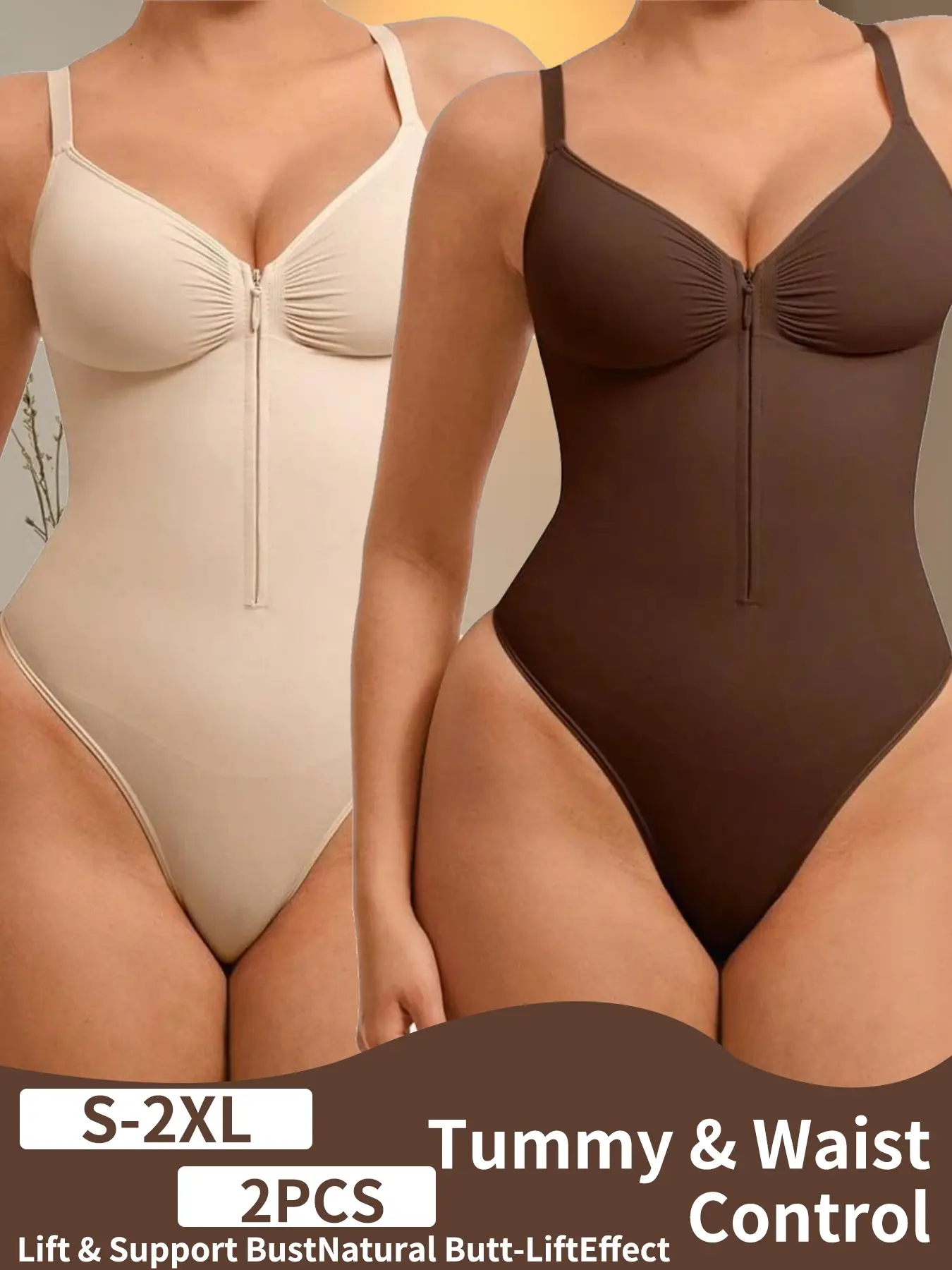 women's sexy high-elasticity deep V-neck thin strap shapewear bodysuit, front zipper waist training slimming bodysuit Curve Hugging Compression Body Shapewear