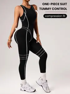 Women's Colorblock Sleeveless Jumpsuit, High Elastic Yoga Pants, Sporty Contrast Binding, Comfortable Fitness Wear, All-Season, High Compression Jumpsuit