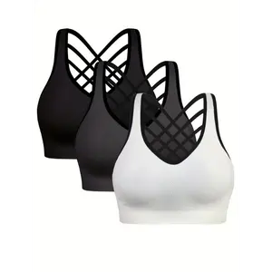 3pcs Comfy Criss Cross Back Sports Bras, Breathable Fitness Tank Bra for Women