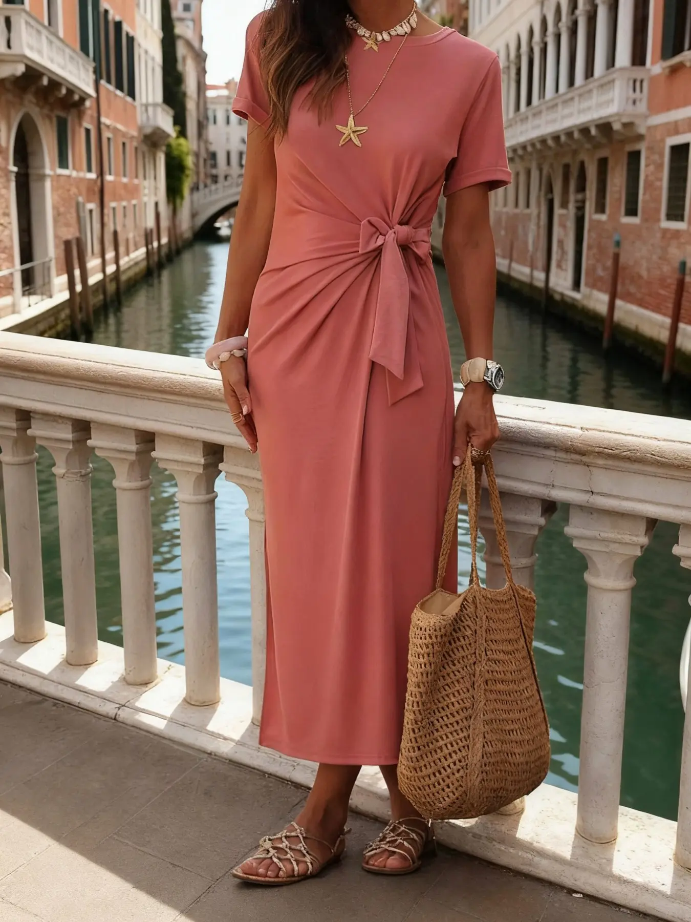 Casual Fashion Women's Summer Dress, Split Hem Short Sleeve Midi Dress, Knot Detail and Round Neck, Perfect for Everyday Wear
