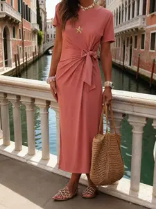 Casual Fashion Women's Split Hem Short Sleeve Midi Dress, Knot Detail and Round Neck, Summer Style, Comfortable and Stylish
