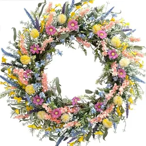 Spring Summer Colorful Flower Wreath Front Door, Lavender Wildflower Wreath for Home Decor, Leaves Accented Floral Arrangement, Decorative Flowers, Artificial Flowers For Outside