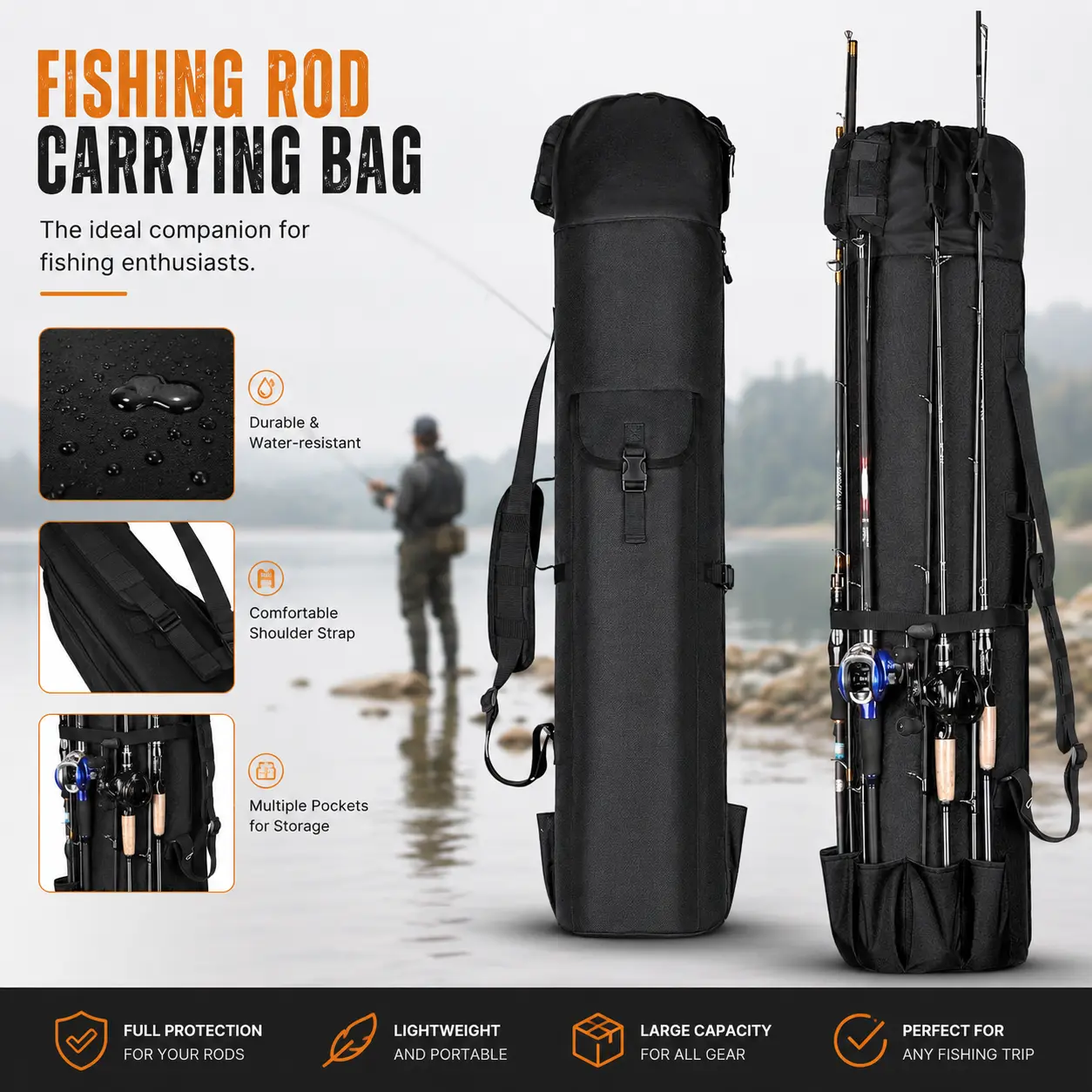 Fishing Rod Bag, Durable Folding 900D Oxford Fabric Fishing Rod Case, Large Capacity Waterproof Storage Bag, Portable Carrying Case for Fishing Gear, Gift for Men and Boys