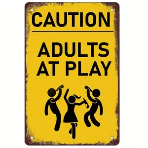 Vintage Retro Warning Metal Sign Caution Adults At Play Humorous Wall Art 8x12 Inch Rustic Iron Sign for Home Bar Garage Cafe Decor Bohemian Farmhouse Man Cave Gift for Christmas Fathers Day Mothers Day No Electricity Needed