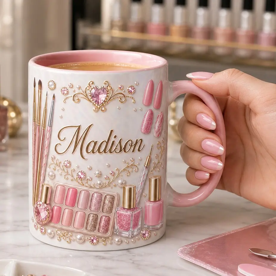 Personalized Nail Tech Mug, 2D Printed 3D Effect Ceramic Coffee Cup, Pink Glam Manicure Design with Custom Name for Nail Artist, Nail Tech, Beauty Salon, Birthday, Christmas, Thank You Gift for Women and Friends