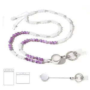 Natural Stone Bead ID Lanyard Set, Lanyards With Id Holder, 3 Counts/set Including Lanyard & Retractable Badge Clip & Card Holder, Identification Badges & Supplies, ID Badge Reel
