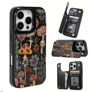 Mobile phone case: cute mushroom pattern, this functional mobile phone case design includes card holder, can store bank cards, transportation cards and other cards, suitable for iPhone 16 Pro Max, is a great gift for Halloween, Christmas and New Year, c