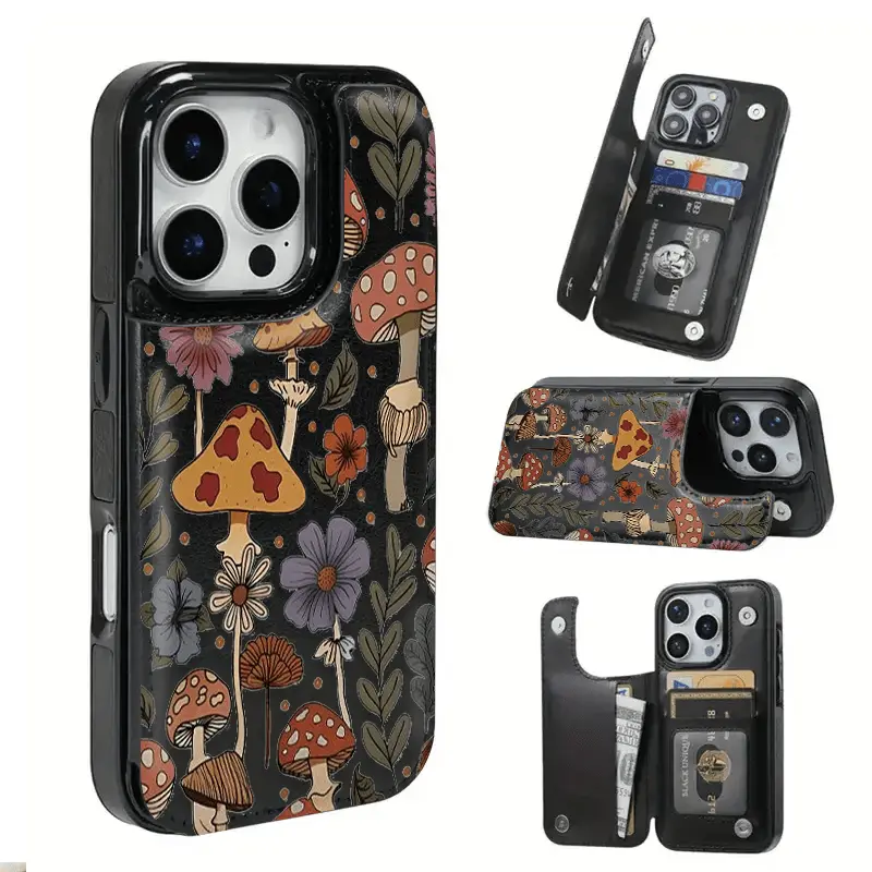 Creative, fashionable, and unique forest flower and mushroom themed anti-drop leather card holder phone case,for iPhone 17 Pro Max Phone Case 17 Air 16 15 Plus 14 13 12 , Samsung Galaxy S25 ULTRA FE Plus S22 S23 FE S24 Plus