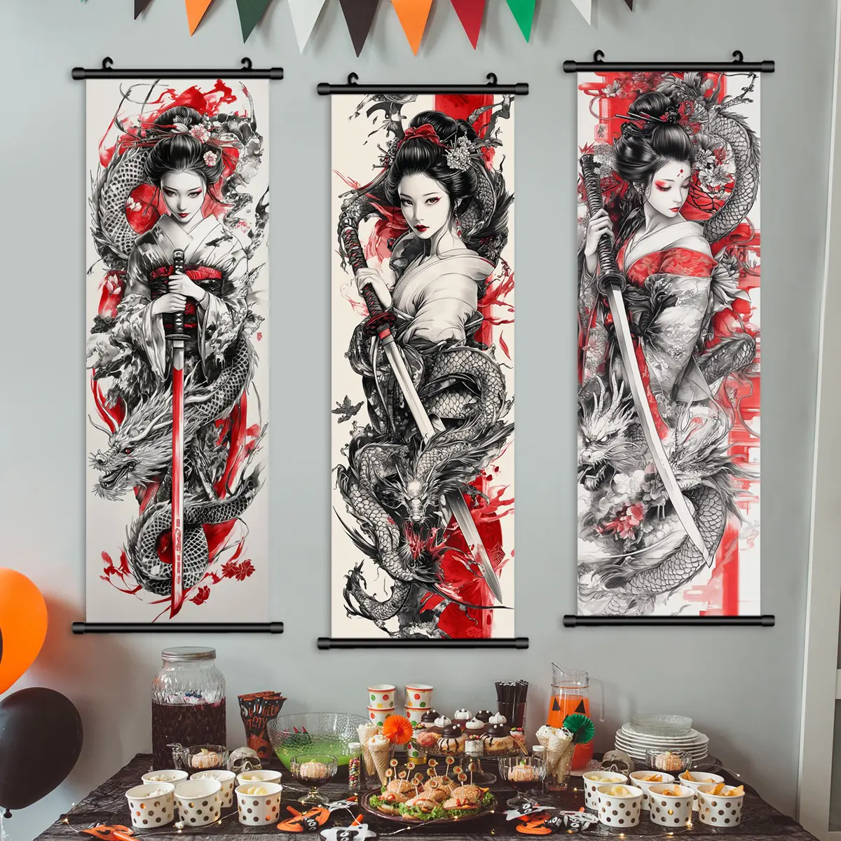 Vintage Dragon Kendo Warrior Wall Art, Japanese Style Hanging Banners, Waterproof Print, Modern Home Decor, Bedroom Mural, Corridor Decoration, Living Room Decorations, Artistic