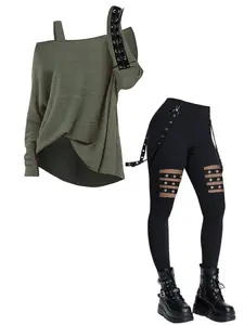 DRESSLILY 2025 Women Gothic Outfit Textured Skew Neck Solid Color Top and Grommet Hollow Out Pants Set Autumn Matching Outfits