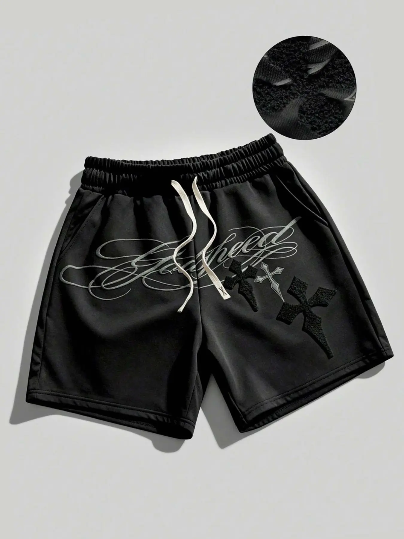 Godspeed Cursive Script Slogan Shorts, Towel Embroidery Cross Shorts, Gothic Style, Casual Summer Shorts, Unisex Loose Fit Baggy Oversize, Casual Black Shorts, Party Nightclub, 2026 New Streetwear, Y2K Trendy Brand Cross Classic Shorts