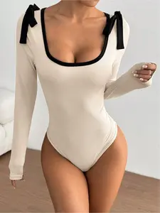Women's New Autumn Long-Sleeve Bodysuit, with Color-Blocking, Bow-Tie Waist Cinching Design. Slim-Fit, Versatile, and Elegant Style, Suitable for Commuting and Daily Wear.