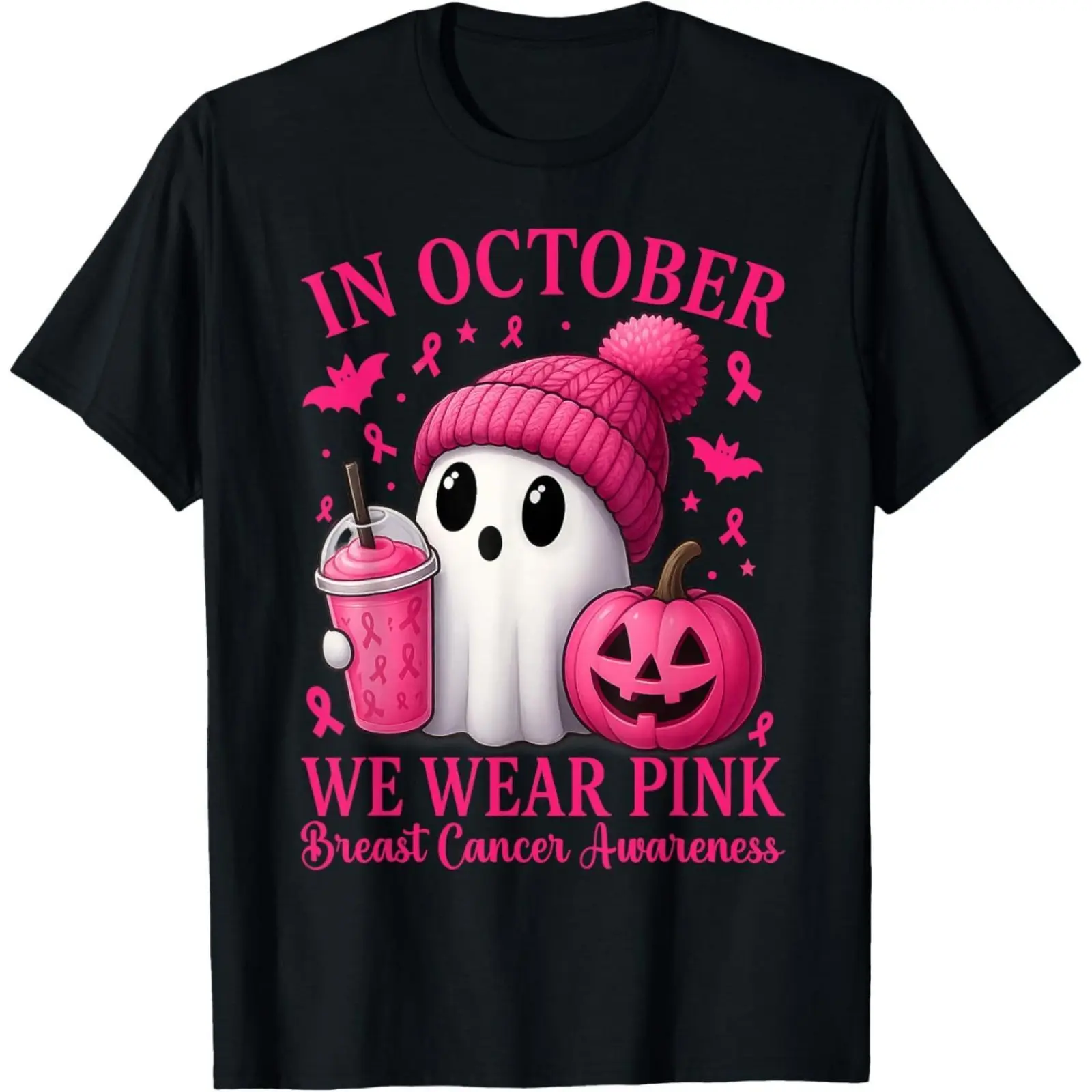 Women's Breast Cancer Awareness Cotton T-Shirt - Shortleeve Round Neck, Lightweight Oversized, October Pink Ghost Graphic, Casual Halloween Top with Style, Vibe, Love Appeal
