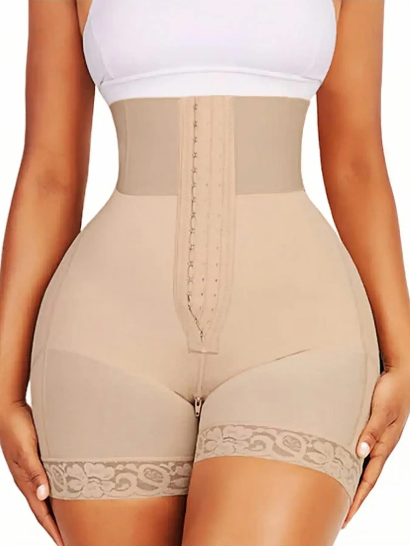 Women's Strapless Colombian Style Compression Faja Shaper Shorts with Tummy Control, Butt Lifter, Anti-Slip Grip, and Lace Trim, Everyday, Zipper, Faja Perfect Shaper