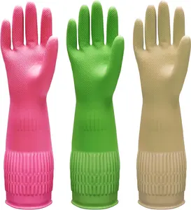 Bamllum 3 Pairs of Rubber Dishwashing Gloves for Kitchen and Household Cleaning – Long, Reusable, Durable, and Waterproof (Red+Yellow+Green, Large)