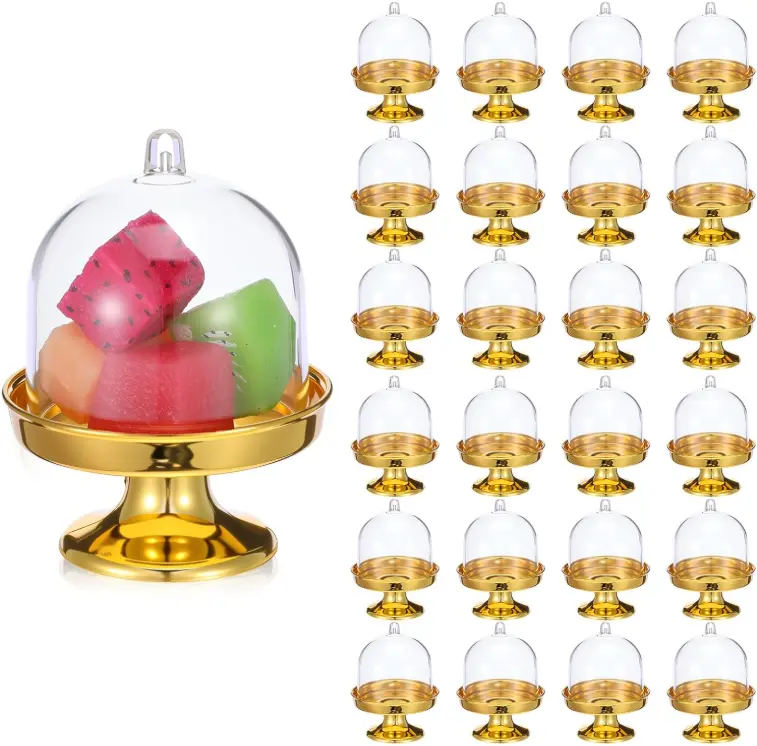 24pcs Mini Cake Stand & Dome Set, 3.15x1.89in Per Piece, Gold Base, Smooth Lightweight Transparent Domes for Cupcakes Candy Desserts, Ideal for Weddings Birthdays