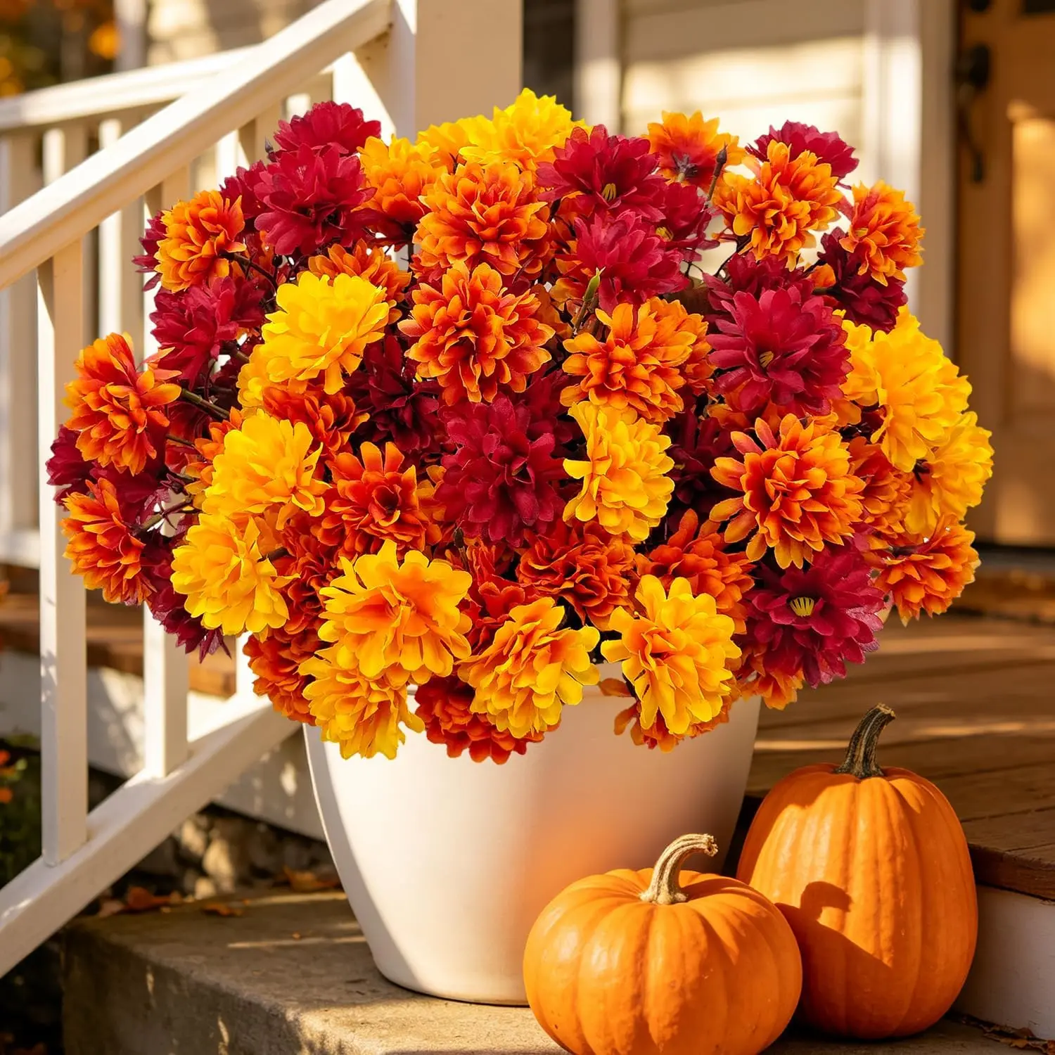 Fake Mums Artificial Fall Flowers for Outdoor Decorations, 6 Bundles UV Resistant Fake Fall Flowers Faux Mums for Outdoor Planters Front Porch Garden Home Table Centerpiece Autumn Decor