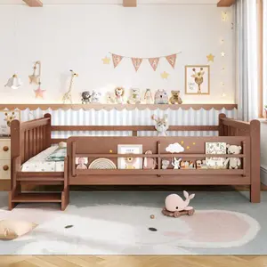 Bellemave Solid Pine Wood Toddler Floorbed - Platform Bed Frame with Built-in Rails, Storage Shelf, Cute Staircase, No Springs Required