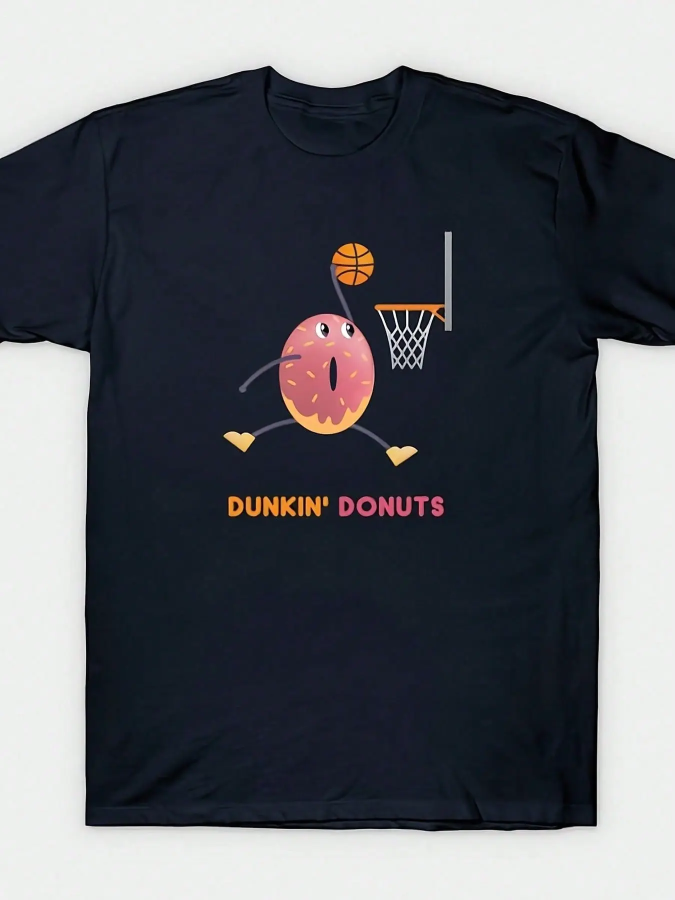 D Unkin Donuts Mens 220g Pure Cotton Short Sleeve T-Shirt - Navy Blue Casual Tee With Playful Basketball D Unkin Donut G