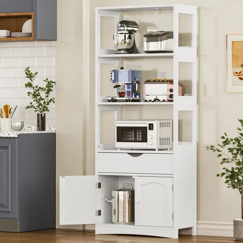 SIKAIC 64-Inch Freestanding Modern Engineered Wood Cabinet - Indoor Crafted Wood Cupboard with Sliding Door, Display Shelves, Drawer, Clutter-Free Compact Space-Saving White Storage Cabinet, Wood Cabinets, Clutter-Free Cabinets
