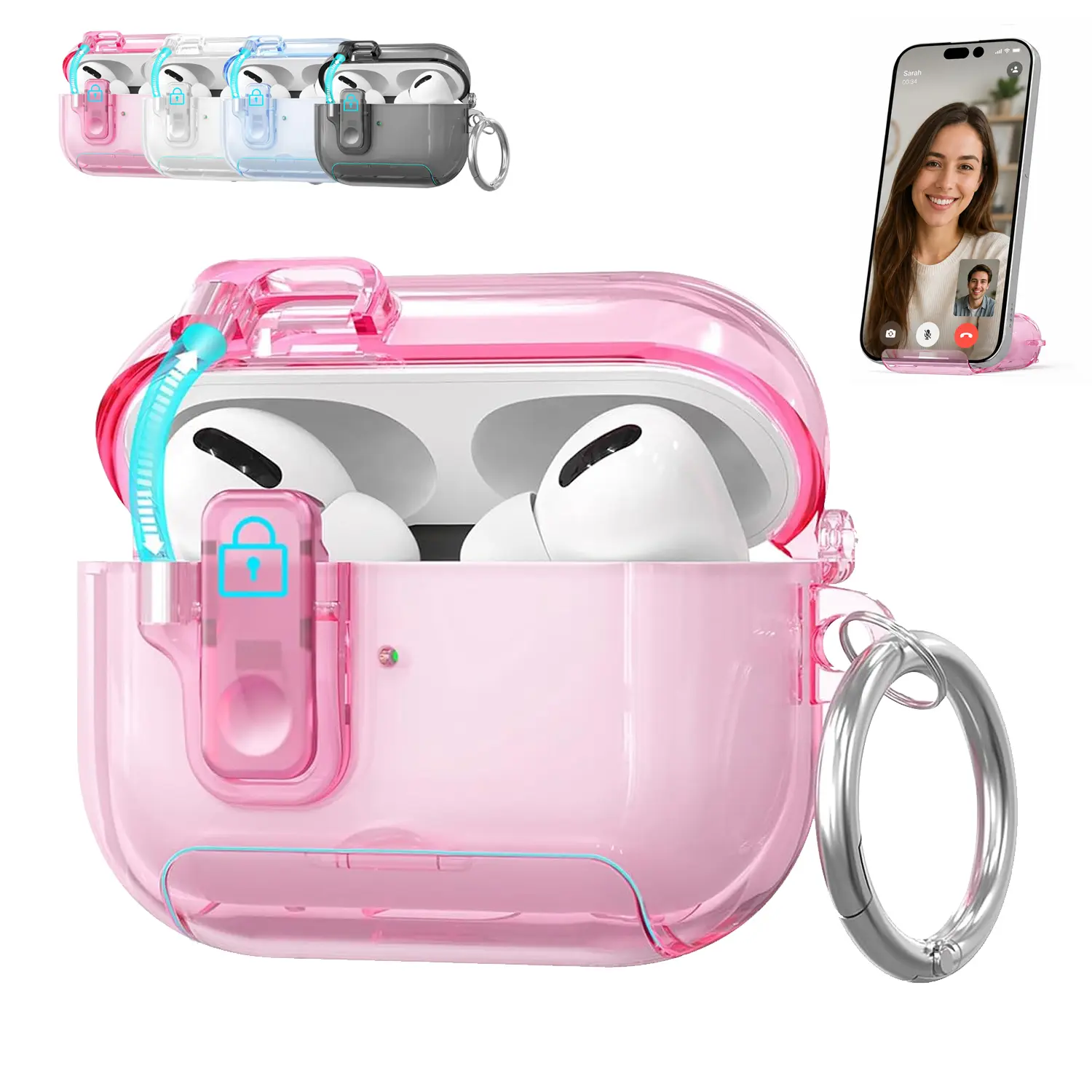 Clear Case for AirPods 4 Pro 3/2 Case with Lock,  Pop-Up Case with Phone Stand with Keychain, Semi-transparent TPU Shockproof Protective Case Suppots Wireless Charging