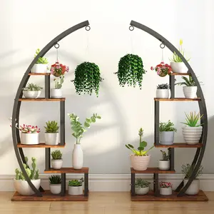GARVEE  5 Tier Large Plant Stand Indoor, Half Moon Plant Shelf Ladder Flower Pot Stand Rack, Multi-Purpose Curved Flower Display Holder with Hanging for Home Patio Lawn Garden Balcony, Brown