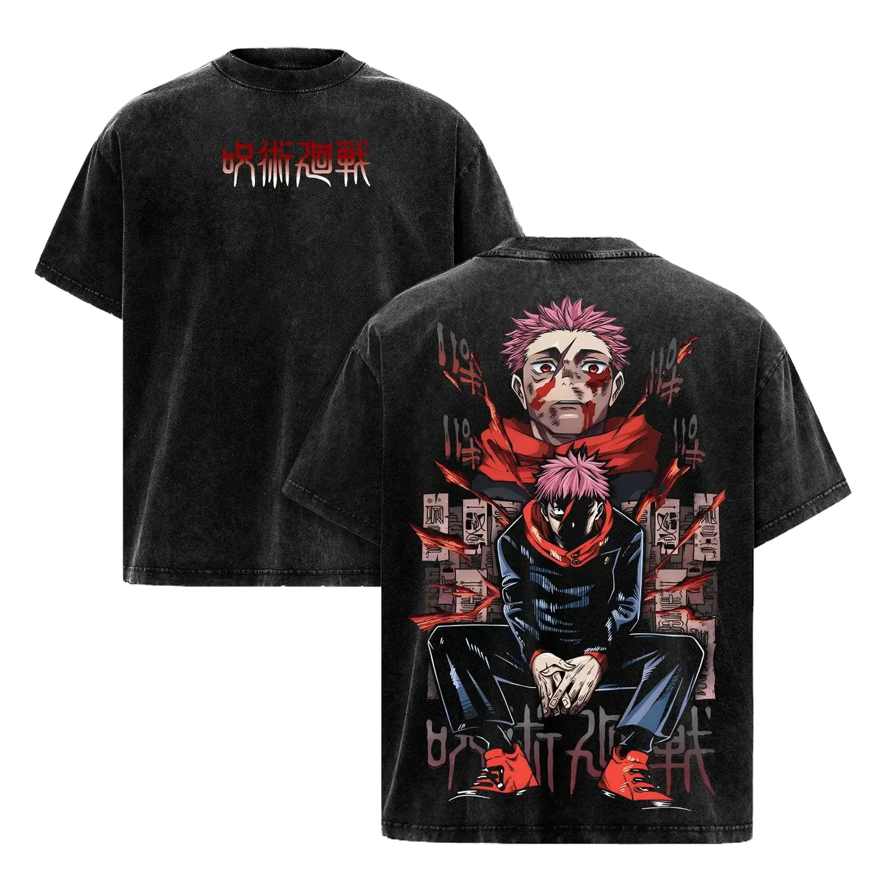 Men's Yuji Itadori Jujutsu Kaisen 2025 Culling Game Apparel - Vintage Oversized Heavy Cotton Double-Printed Short-Sleeve Graphic Tee, Sukuna’s Vessel Awakening Retro Unisex Streetwear Top