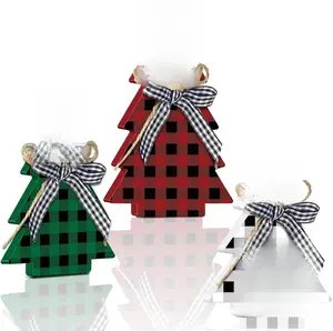 Christmas Decor 3 Pieces Wood Table Rustic Christmas Tree Farmhouse Wooden Xmas Centerpiece for Small Table Xmas Trees Red Green Tiered Tray Party Decoration(Buffalo Plaid Style)