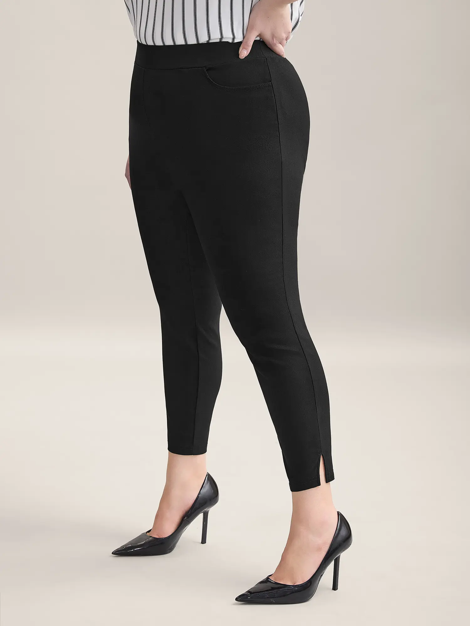 BLOOMCHIC Women's Plus Size Spandex Office Work Pants - Mid-Rise Skinny Full-Length Smooth Fabric, Split Hem, Slanted Pockets, Butt-Lifting Fit, Basic Black Business Corporate Wear [M-6X] Summerfinds Pants for Women, Garment, Bottom, Plus Size Clothes, Of