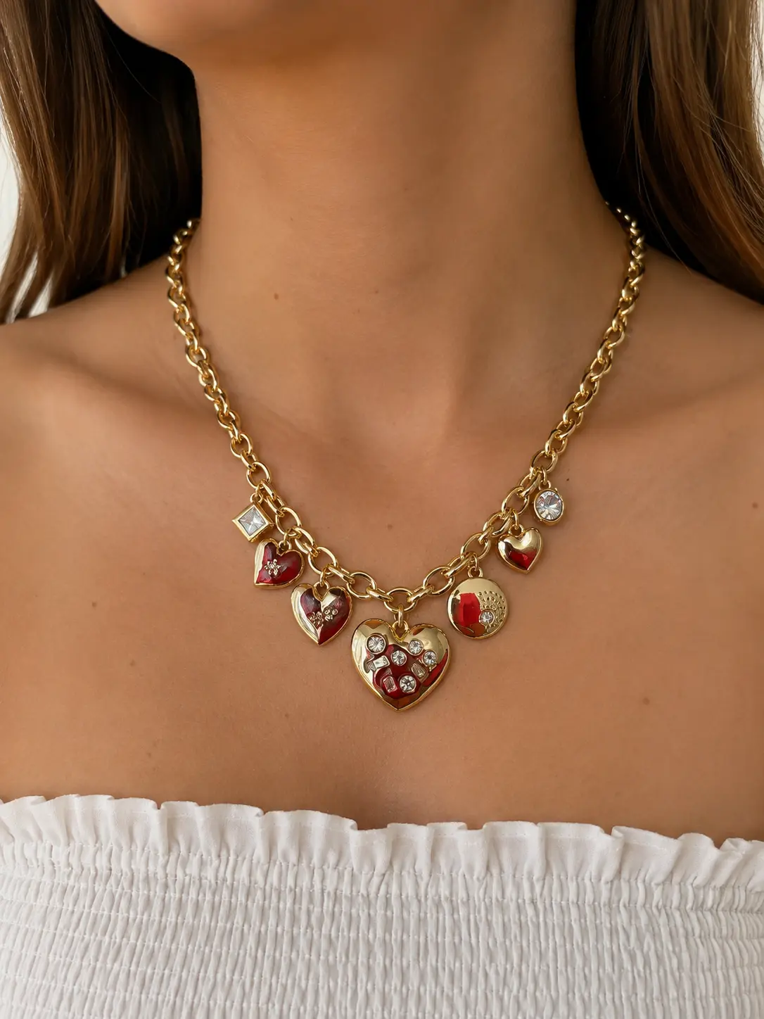 Women's NJN7695 GD Heart Charm Alloy Cable Gold-Tone Chunky Necklace - Crystal Accents, Adjustable Lobster Clasp, Includes Pendants, Romantic Look, Party Wear - Ideal for Valentine's Day, Birthdays