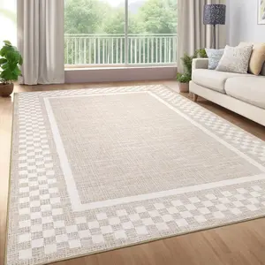 Washable 5x7 Rug Border Solid Rugs for Living Room Non-Shedding Stain Resistant Modern Checkered Rug Neutral Non-Slip Bedroom Throw Rugs for Apartment Dining Table, Beige