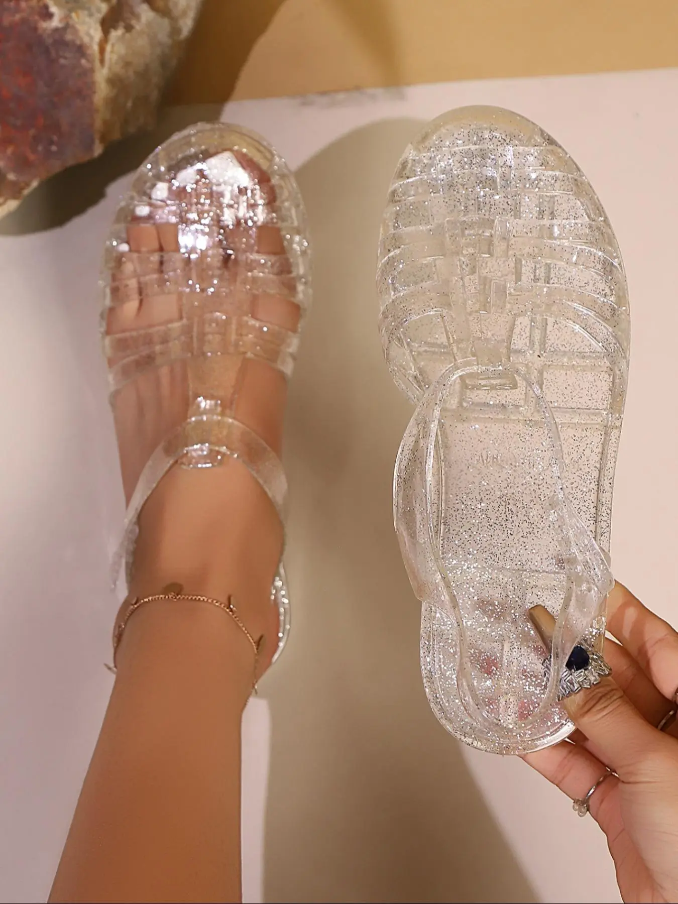 Women's New Transparent Flat Roman Daily Wear Sandals, Summer Breathable Hollow Design for Beach & Outdoor Activities, Best Casual Jelly Shoes Choice