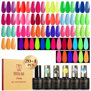 ROSALIND Mini 24Pcs Gel Nail Polish Set 19 Color Neon Gels with 5 Functional Gel Glow in the Dark Gel and New Glitter Top Coat Gel Varnishes Set Requires UV Lamp to Dry Unique Colorful  Gels for All Season Nail Art Design Supplies