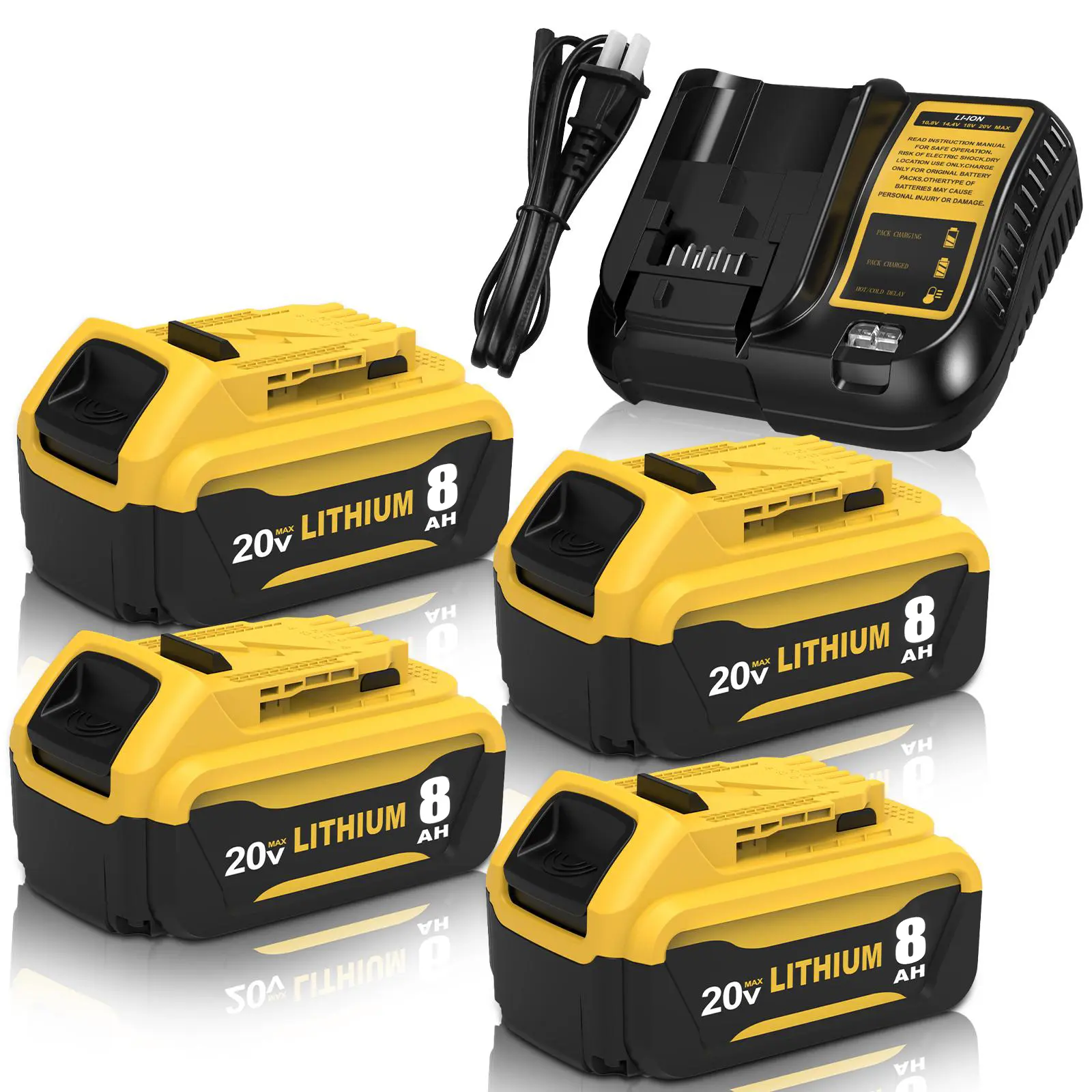 4-Pack 8000mAh Replacement Batteries & Charger for Dewalt 20V Max, Compatible with DCB206 Series Cordless Power Tools, Replacement Battery