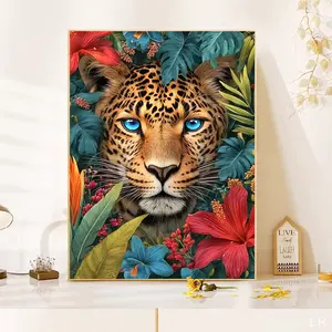 1Pc tropical flower blue eyed leopard diamond painting DIY handmade diamond pasting adult stress relieving art round diamond mosaic home decoration living room art decoration diamond embroidery