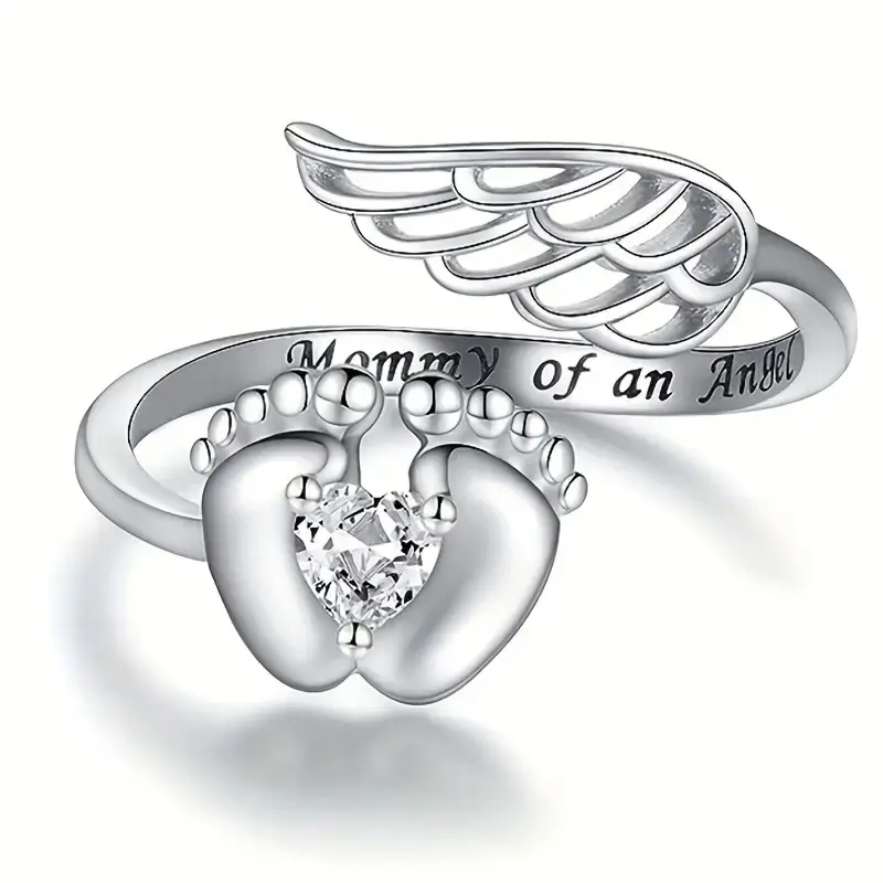Engraved Copper Band Angel Ring with Baby Footprint, Cubic Zirconia, Personalized Fashion Costume Jewelry, Ideal Accessory for Women, Mom Gift, Engraved Ring, Copper Band Rings