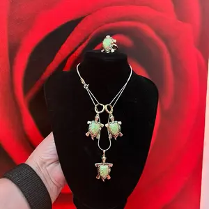 14k Gold Plated Elegant Set with Turtles Pendant, Earrings, Ring & Necklace on Display Stand